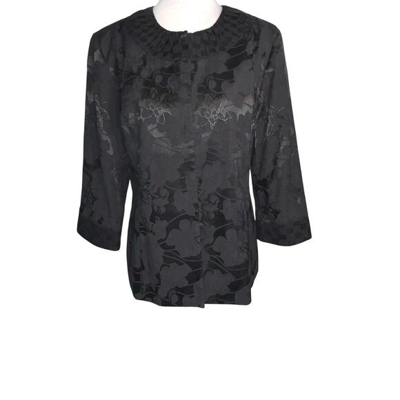 Chico‘s Women's 2 Black Floral Jacquard hook loop close lined 3/4 sleeve Blazer - Picture 1 of 10